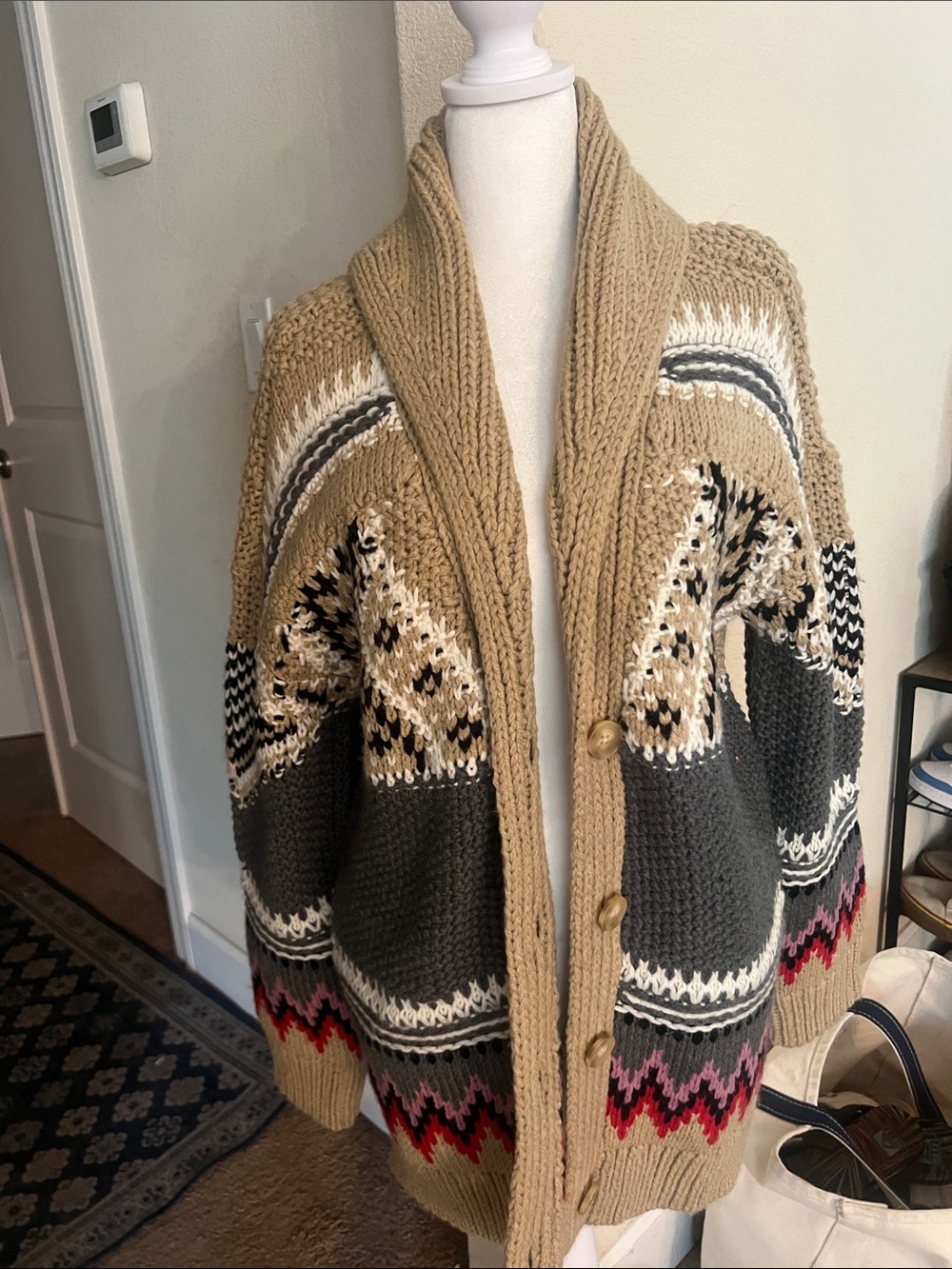 Chunky Knit Sweater in Tan, Gray, Black & Red